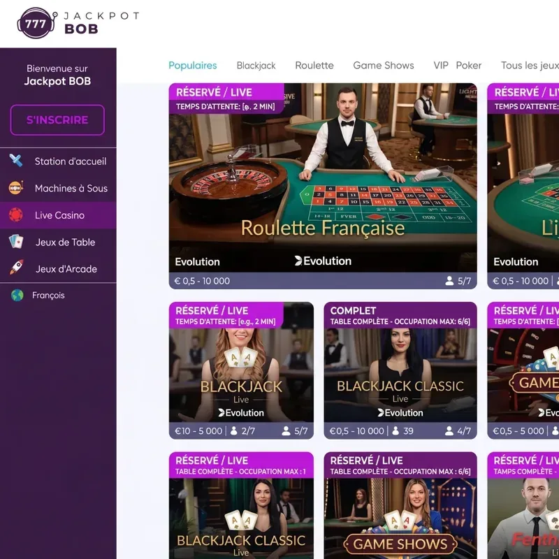 Casino en direct et tournois Jackpot Bob